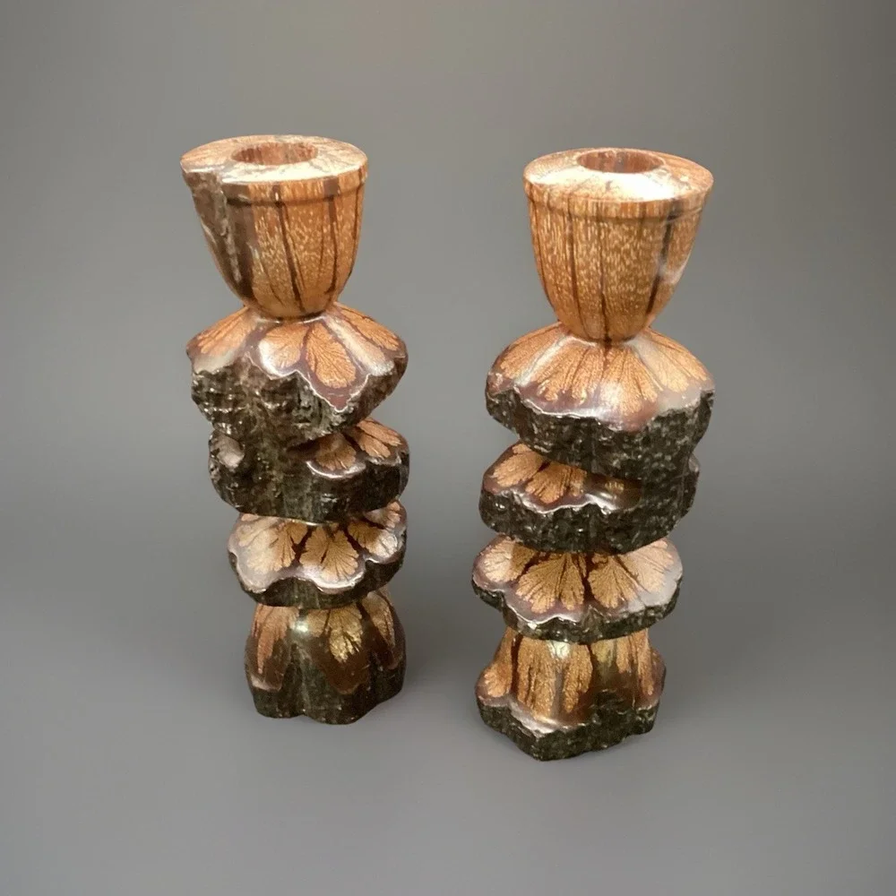 Pair Of VTG Monkey Pod Wood Hand Turned Carved Candle Holders‎ 8.5